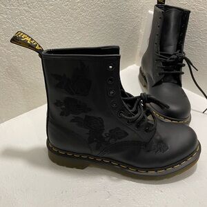 Dr. Martens Black 8-Eye Lace-Up Boots with Subtle Floral Embroidery